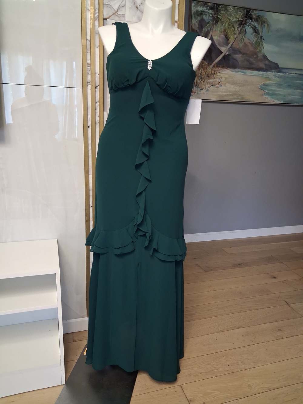 R&M Richards Dark Green Ruffle Front Maxi Dress